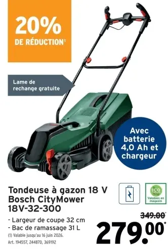 Offre: Tondeuse à gazon 18 V Bosch CityMower 18V-32-
