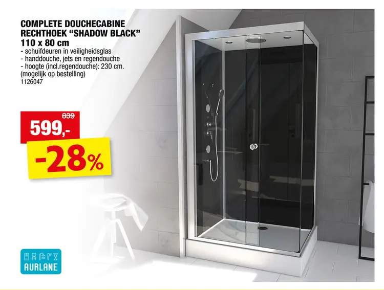 Promotie: Aurlane Shadow Black douchecabine 110x80 cm