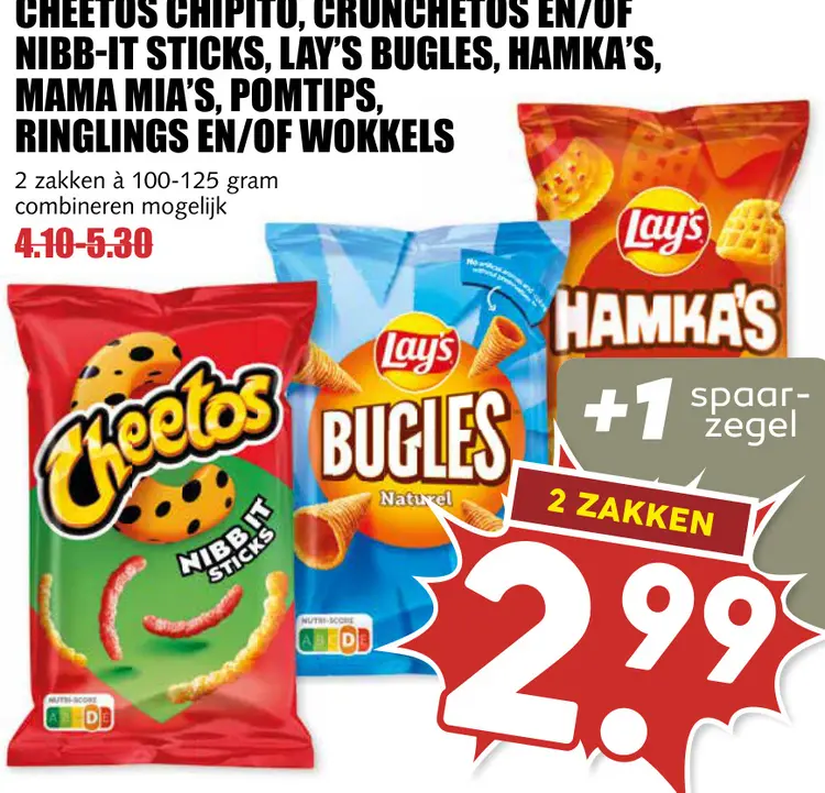 Aanbieding: Cheetos chipito, crunchetos en/of nibb-it sticks, Lay's bugles, hamka's, Mama Mia's, Pomtips, Ringlings en/of wokkels