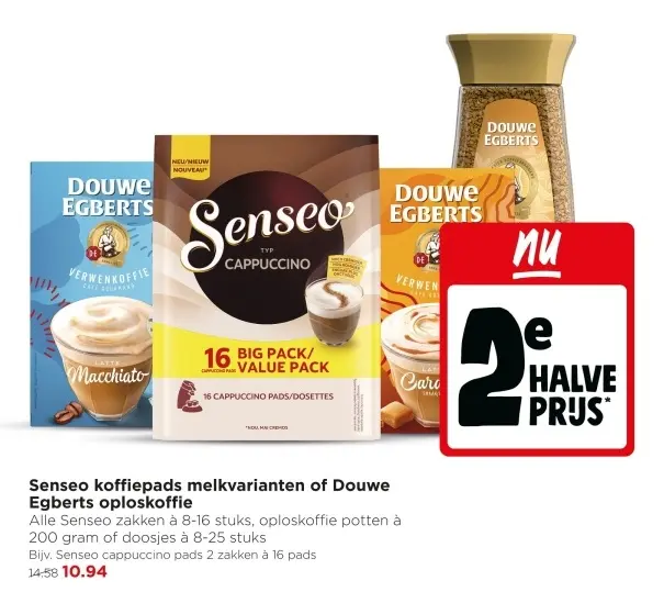Aanbieding: Senseo koffiepads melkvarianten of Douwe Egberts oploskoffie
