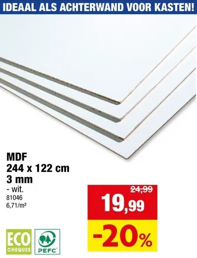 Promotie: MDF plaat 244x122 cm 3mm wit
