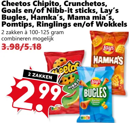 Aanbieding: Chipito, Crunchetos, Goals en/of Nibb-it sticks, Bugles, Hamka's, Mama mia's, Pomtips, Ringlings en/of Wokkels