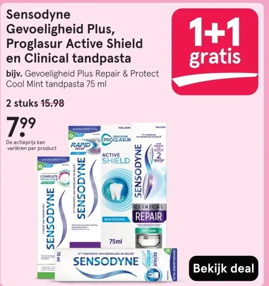 Aanbieding: Sensodyne Gevoeligheid Plus, Proglasur Active Shield en Clinical tandpasta