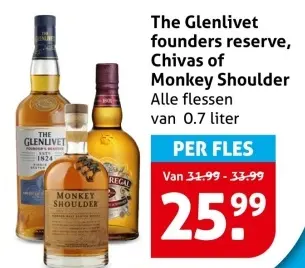 Aanbieding: The Glenlivet founders reserve, Chivas of Monkey Shoulder