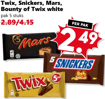 Aanbieding: Twix, Snickers, Mars, Bounty of Twix white