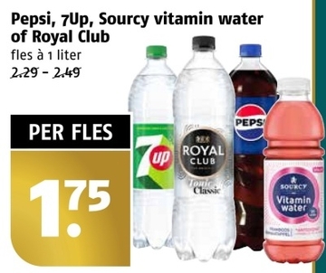 Aanbieding: Pepsi, 7Up, Sourcy vitamin water of Royal Club