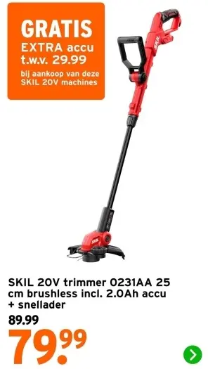Aanbieding: 20V trimmer 0231AA 25 cm brushless incl accu en snellader