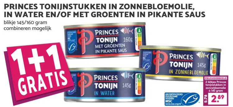 Aanbieding: Princes Tonijnstukken in zonnebloemolie, in water en/of met groenten in pikante saus