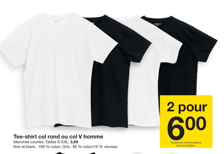 Offre: Tee-shirt col rond ou col V homme
