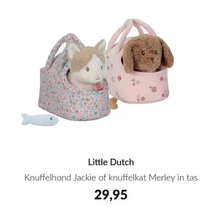 Aanbieding: Knuffelhond Jackie of knuffelkat Merley in tas