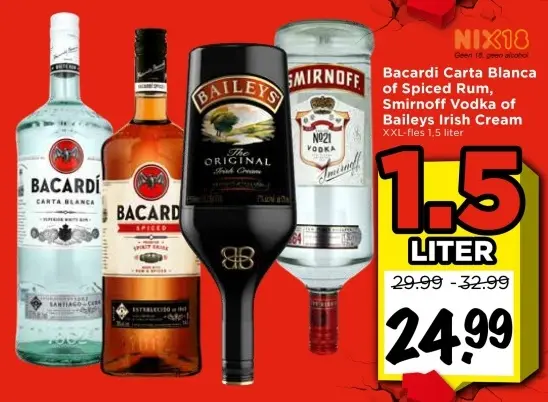 Aanbieding: Bacardi Carta Blanca of Spiced Rum, Smirnoff Vodka of Baileys Irish Cream