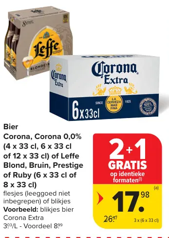 Promotie: Bier Corona, Corona 0,0% of Leffe Blond, Bruin, Prestige of Ruby
