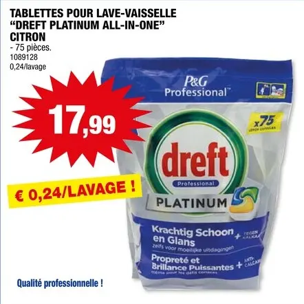 Offre: Dreft Professional Platinum All-in-One tablettes lave-vaisselle citron 75 pièces