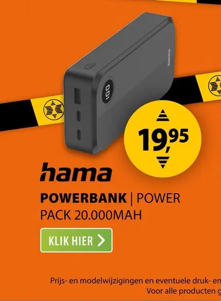 Aanbieding: Hama Power Pack 20.000mAh 3 Uitgangen: 2X USB-C 1X USB-A Zwart