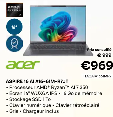 Offre: Acer aspire 16 ai a16-61m-r7jt