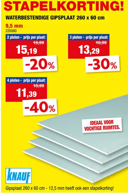 Promotie: Knauf gipsplaat waterwerend AK 9,5mm 260x60 cm