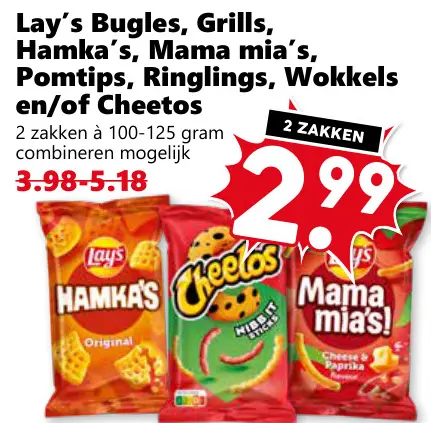 Aanbieding: Bugles, Grills, Hamka's, Mama mia's, Pomtips, Ringlings, Wokkels en/of Cheetos