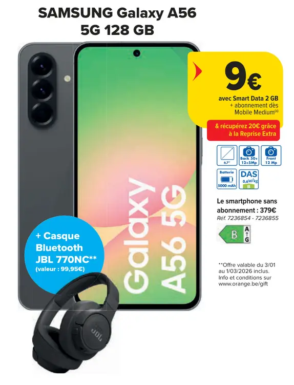 Offre: Galaxy A56 5G 128 GB + Casque Bluetooth JBL 770NC