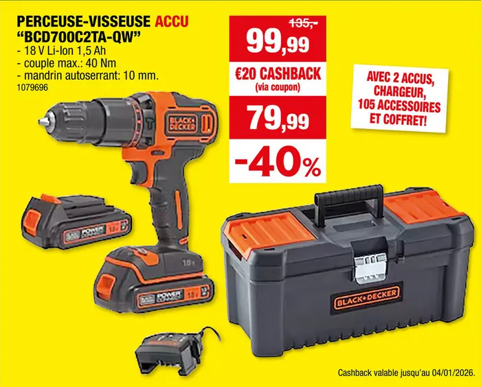 Offre: Black+Decker BCD700C2TA-QW perceuse-visseuse à  percussion sans fil 2x18 V Li-Ion + 2 batteries + chargeur + 105 accessoires