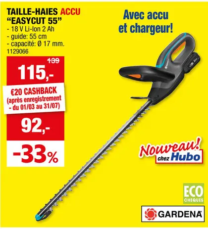 Offre: Gardena EasyCut 55/18V taille-haie sans fil 18V Li-Ion 55cm + chargeur