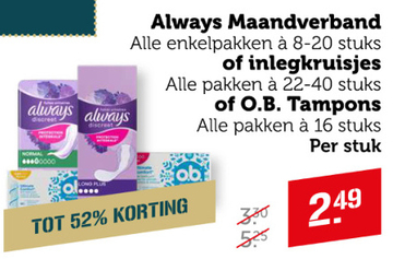 Aanbieding: Always Maandverband, inlegkruisjes of O.B.Tampons