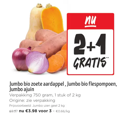 Promotie: Bio zoete aardappel, bio flespompoen, ajuin