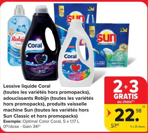 Offre: Lessive liquide Coral, adoucissants Robijn