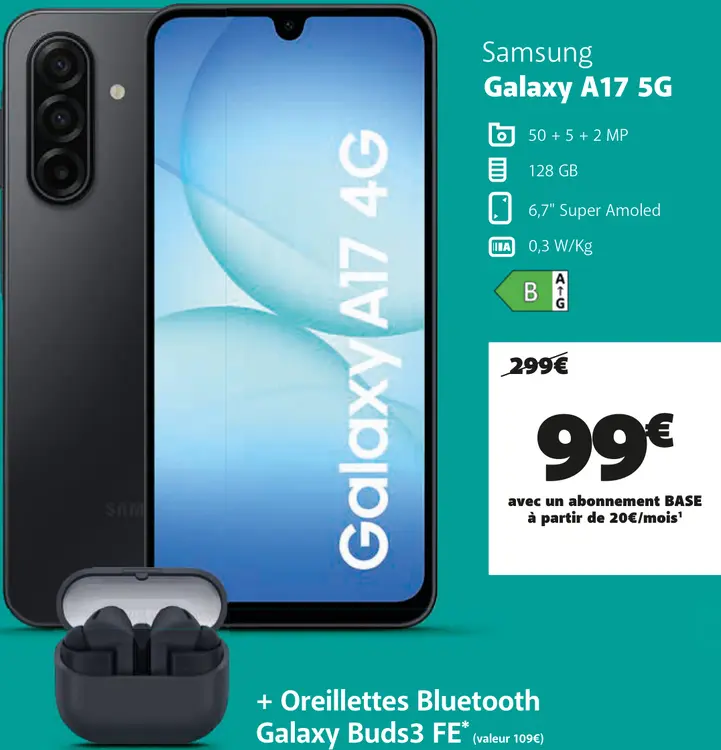 Offre: Galaxy A17 5G + Oreillettes Bluetooth Galaxy Buds3 FE