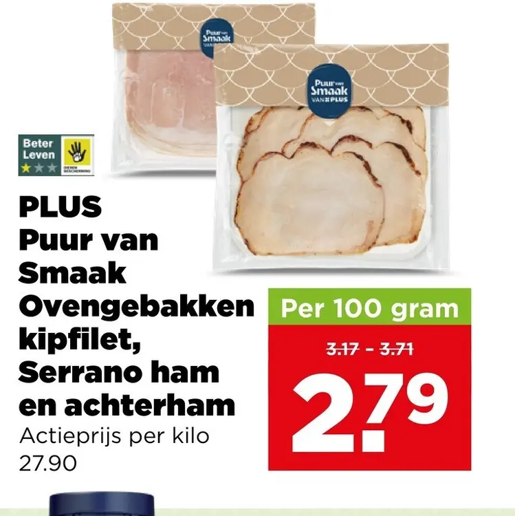 Aanbieding: PLUS Puur van Smaak Ovengebakken kipfilet, Serrano ham en achterham