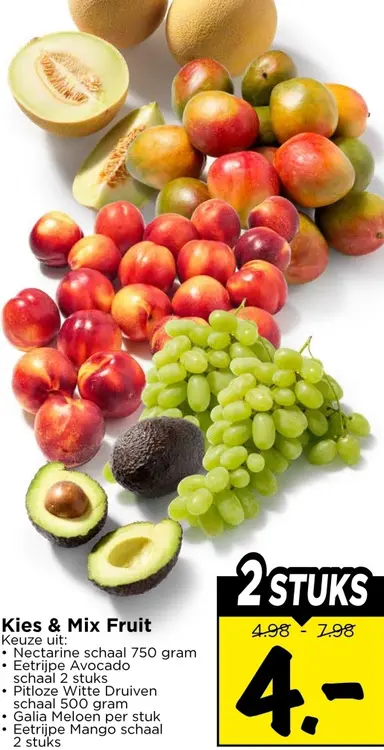 Nectarine, eetrijpe avocado, pitloze witte druiven, galia meloen, eetrijpe mango