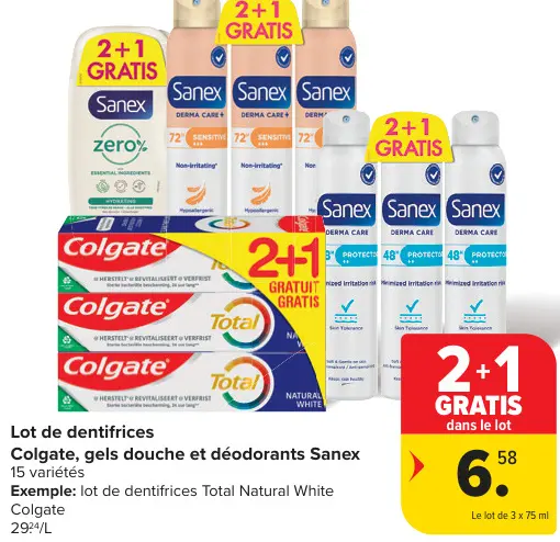 Offre: Lot de dentifrices, gels douche et déodorants