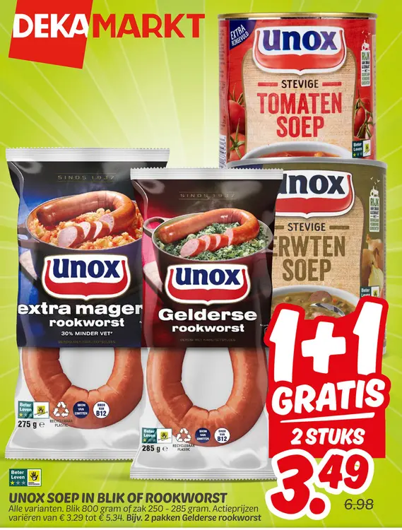 Aanbieding: Unox soep in blik of rookworst