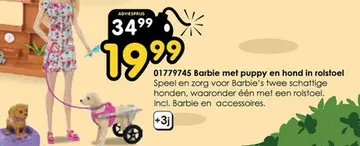 Aanbieding: Barbie met speelgoedpuppy en hond in rolstoel