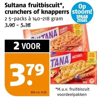 Aanbieding: Sultana fruitbiscuit, crunchers of knapperrs