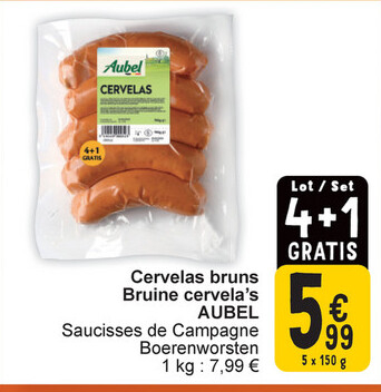 Offre: Cervelas bruns Bruine cervela's AUBEL Sauciss