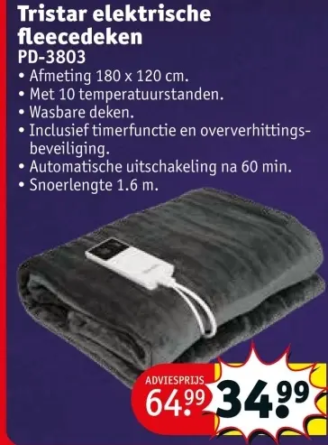 Aanbieding: Tristar elektrische fleecedeken PD-3803