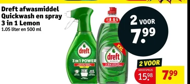 Aanbieding: Dreft afwasmiddel Quickwash en spray 3 in 1 L