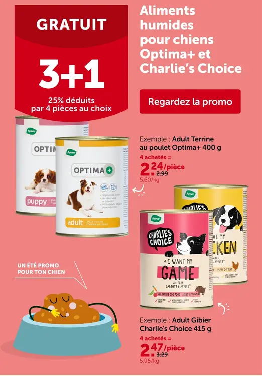 Offre: Aliments humides pour chiens Optima+ et Charlie's Choice