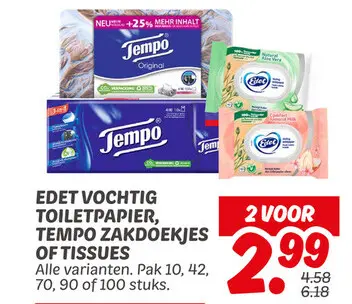 Aanbieding: EDET VOCHTIG TOILETPAPIER, TEMPO ZAKDOEKJES OF TISSUES