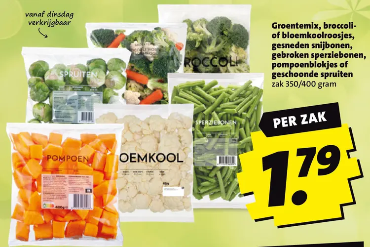 Aanbieding: Groentemix, broccoli- of bloemkoolroosjes, gesneden snijbonen, gebroken sperziebonen, pompoenblokjes of geschoonde spruiten