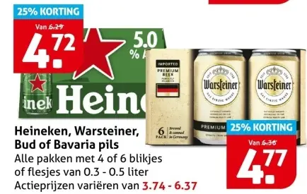 Aanbieding: Heineken, Warsteiner, Bud of Bavaria pils