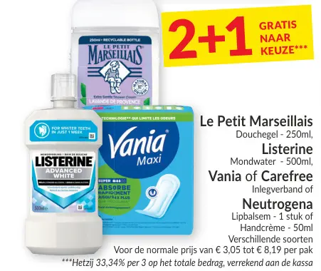 Promotie: Le Petit Marseillais Douchegel, Listerine, Vania of Carefree, Neutrogena