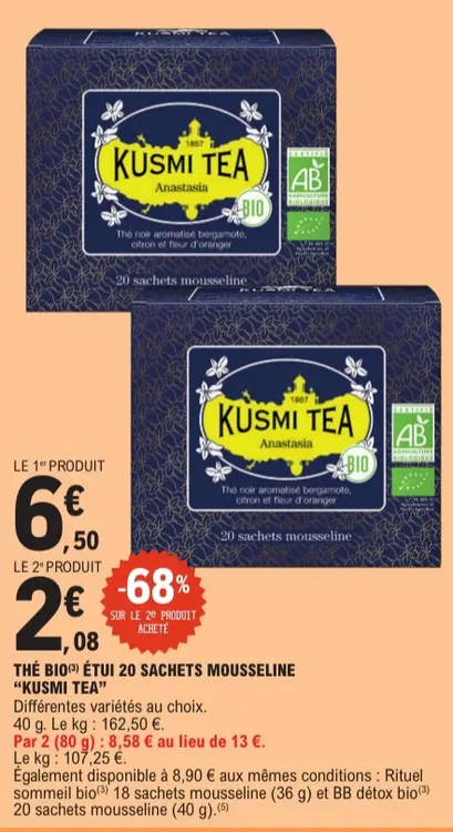Offre: Thé bio étui 20 sachets mousseline