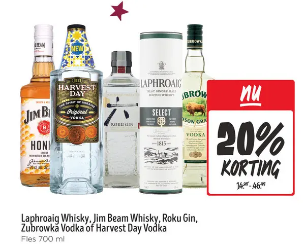 Aanbieding: Laphroaig Whisky, Jim Beam Whisky, Roku Gin, Zubrowka Vodka of Harvest Day Vodka
