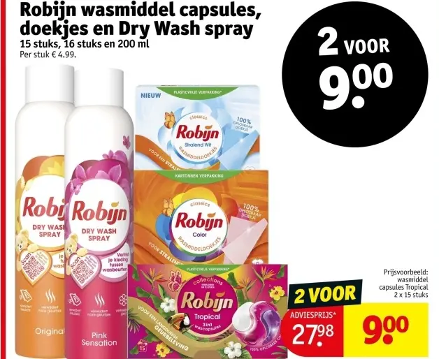 Aanbieding: Robijn wasmiddel capsules, doekjes en Dry Was spray