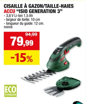 Offre: Bosch ISIO Gen III cisaille à  gazon / taille-haie sans fil 3,6V Li-Ion 12cm