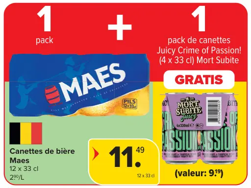 Offre: Canettes de bière Maes + GRATIS pack de canettes