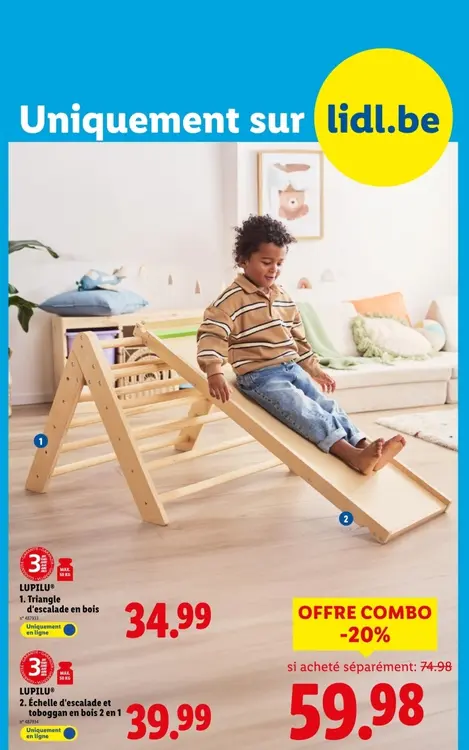 Offre: Offre combo triangle d'escalade en bois et échelle d'escalade et toboggan en bois 2 en 1