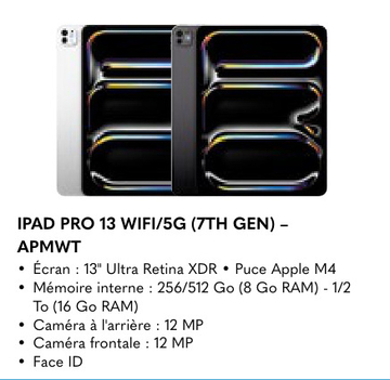 Offre: IPAD PRO 13 WIFI/5G (7TH GEN)