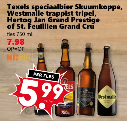 Aanbieding: Texels speciaalbier Skuumkoppe, Westmalle trappist tripel, Hertog Jan Grand Prestige of St. Feuillien Grand Cru